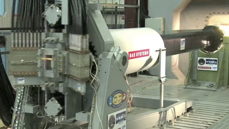 An electromagnetic railgun prototype fires