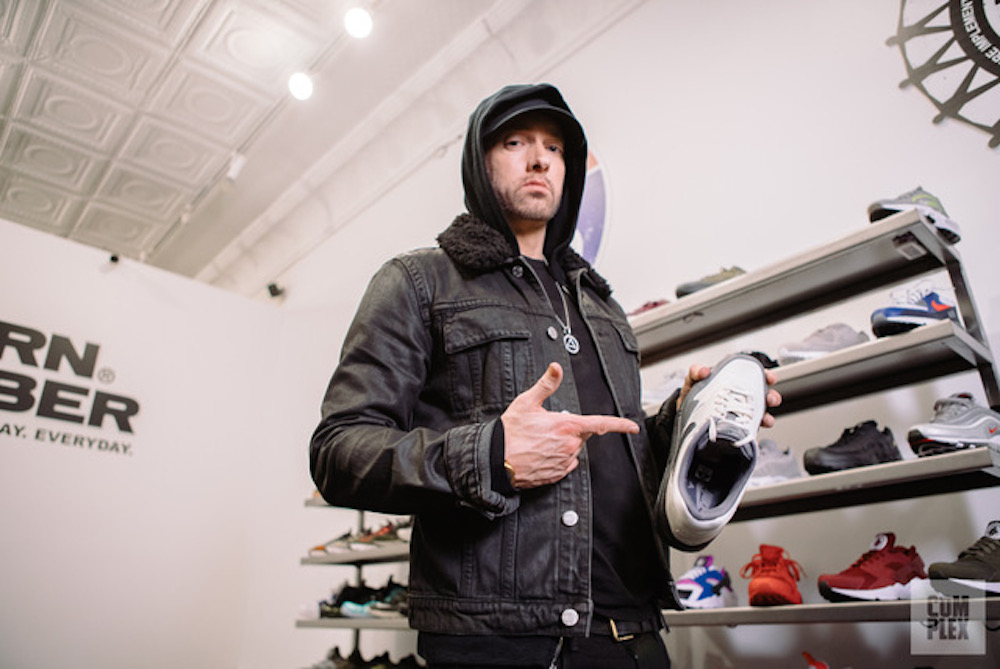 The pair of Nike Air Max 97 Silver Bullet chosen by Eminem in the   video Eminem Goes Sneaker Shopping With Complex