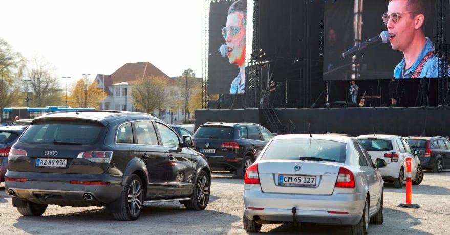 Image from a drive-in music concert that took place in Denmark in April 2020.