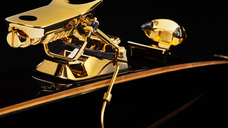 Gold-plated bindings highlight these $50K skis