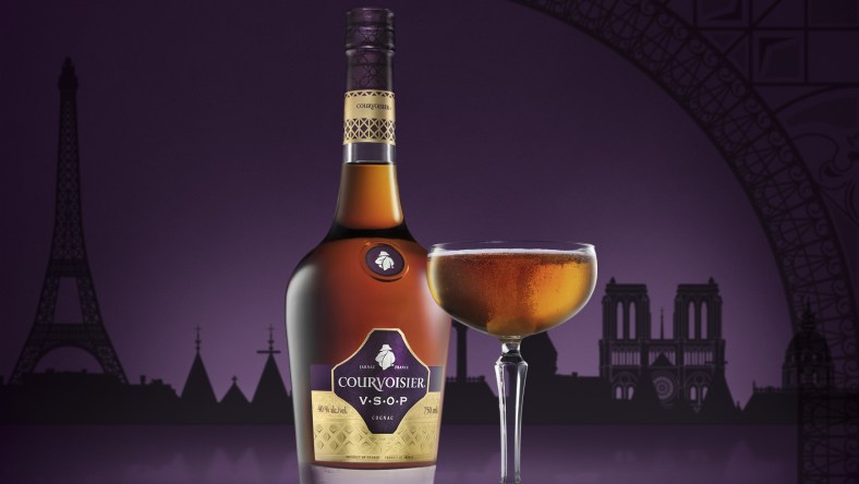 Courvoisier VSOP US 750ML Bottle & Coupe Gls with Purple Skyline Bkg.jpg