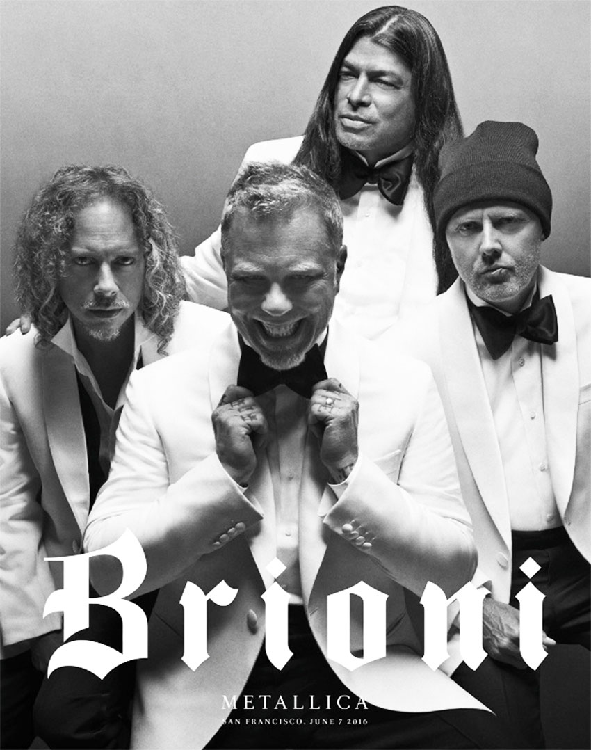 Metallica rocking James Bond-style looks. (Photo: Metallica/Brioni)