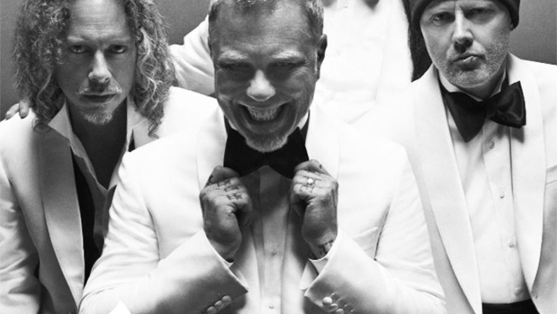 Metallica rocking James Bond-style looks. (Photo: Metallica/Brioni)